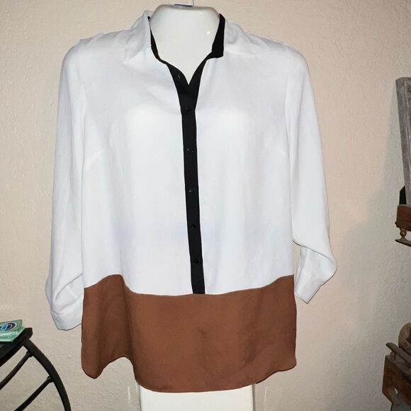 83. TalbotsāCream andĀ Tan Color Block Button Down Blouse L - Picture 1 of 6